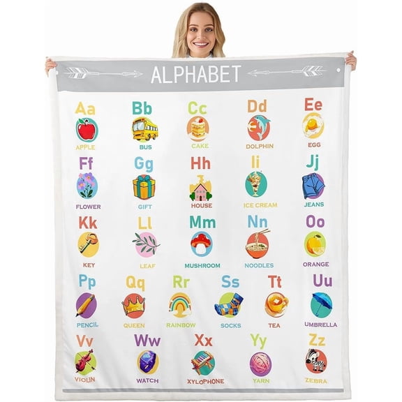 ABC Alphabet Fleece Throw Cartoon Alphabet Plush Numbers Alphabet Sherpa Kids Toddler Educational Learning Fuzzy Throw 60" x 80"