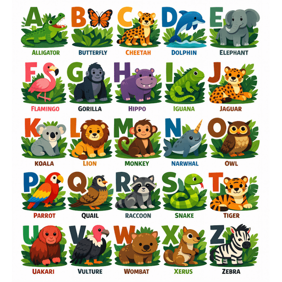 Animal Theme Alphabet AZ Poster Cute Safari ABC Kids Educational Wall Art Decor