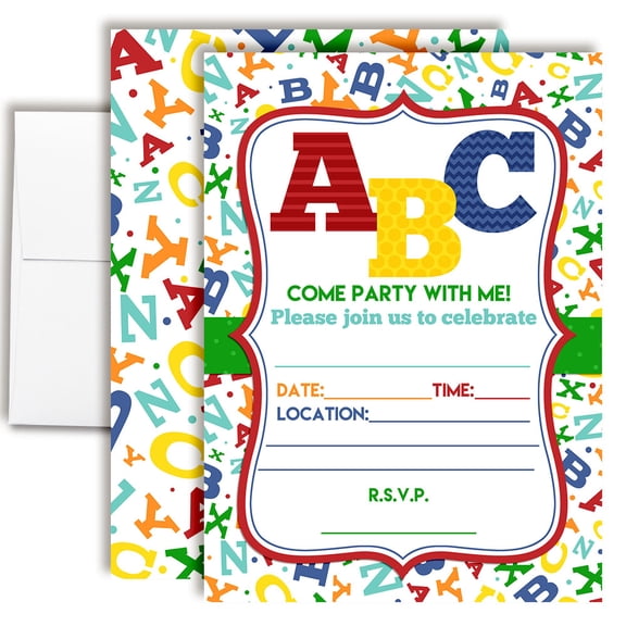 ABC Alphabet Letters & Learning Invitations for Kids, 20 Fill-In Cards with Envelopes, 5x7 Children's Birthday Party Invitations, Birthday Party Supplies, Made in USA by Amanda Creation