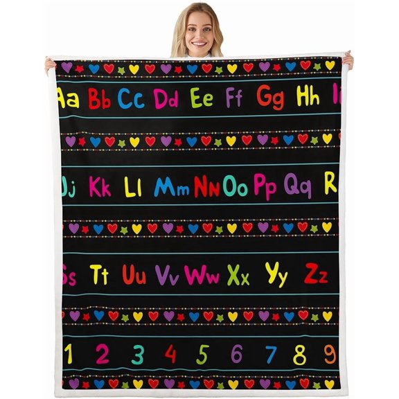ABC Alphabet Sherpa Alphabet Numbers Fleece Throw for Kids Educational Learning Plush Learning Time Fuzzy Twin 60" x 80"