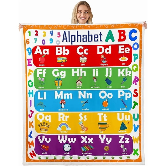 ABC Alphabet Sherpa Learning Alphabet Fleece Throw for Kids & Toddlers - Educational Plush Fuzzy - 60" x 80"