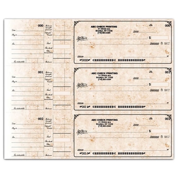 ABC Compact Size Checks, 3-on-a-page with side-tear vouchers, antique design (250 checks, 84 sheets)