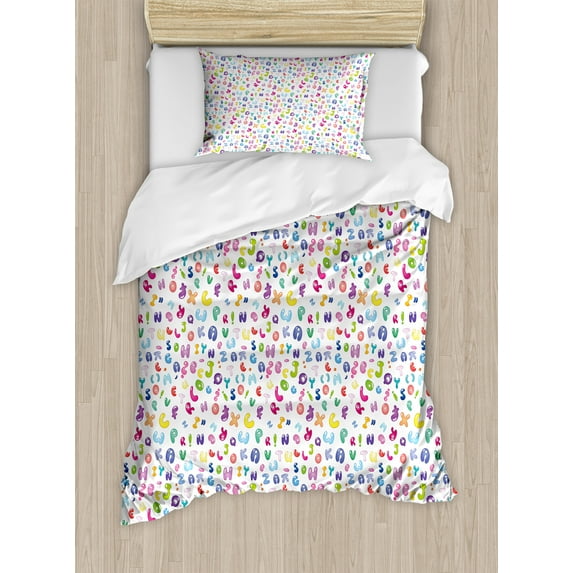 ABC Duvet Cover Set, Colorful Alphabet Abc Bubble Letters Doodle Style Fun Design, Decorative 2 Piece Bedding Set with 1 Pillow Shams, Twin Size, Multicolor, by Ambesonne