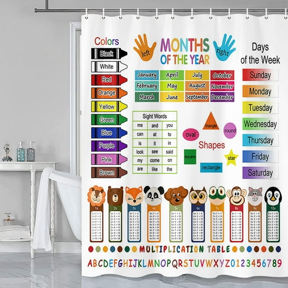 ABC Educational Shower Curtain for Kids, Learning Shower Curtain Baby Kids Cartoon Theme Fabric Bathroom Decor Sets with Grommets and Hooks,Multiplication Table Shower Curtain, Colorful