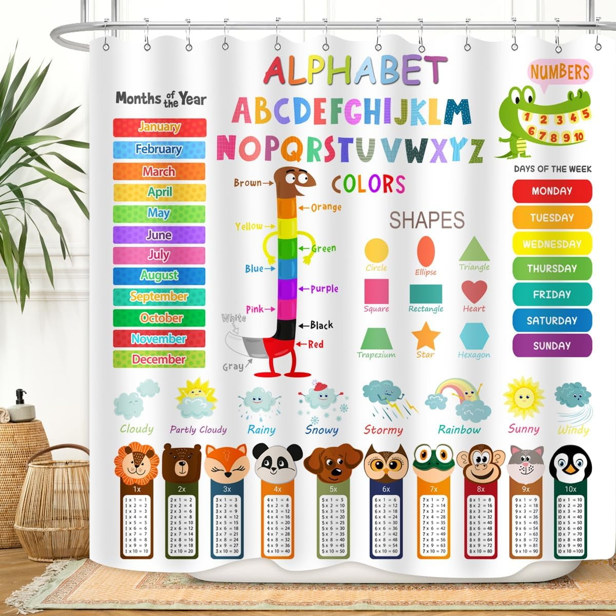 ABC Educational Shower Curtain Kids Learning Tool Funny Cartoon Animals ...