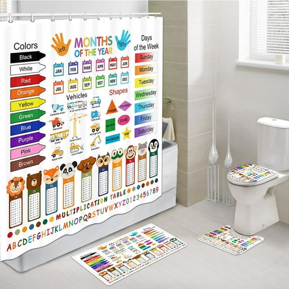 ABC Educational Shower Curtain Set with Rugs, Cute Bathroom Accessories Sets Non-Slip Mats,Kids Cartoon Theme Fabric Bath Curtains with Bath Mats and Toilet Lid Seat Cover