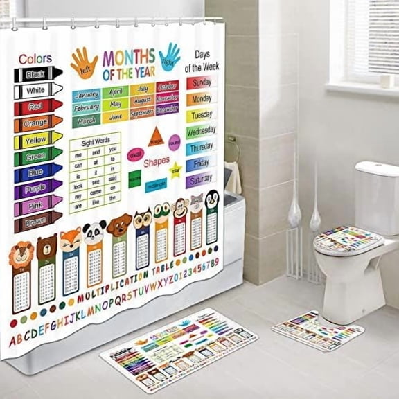 ABC Educational Shower Curtain Set with Rugs, Learning Bathroom Accessories Sets Non-Slip Mats,Kids Cartoon Theme Fabric Bath Curtains with Bath Mats and Toilet Lid Seat Cover