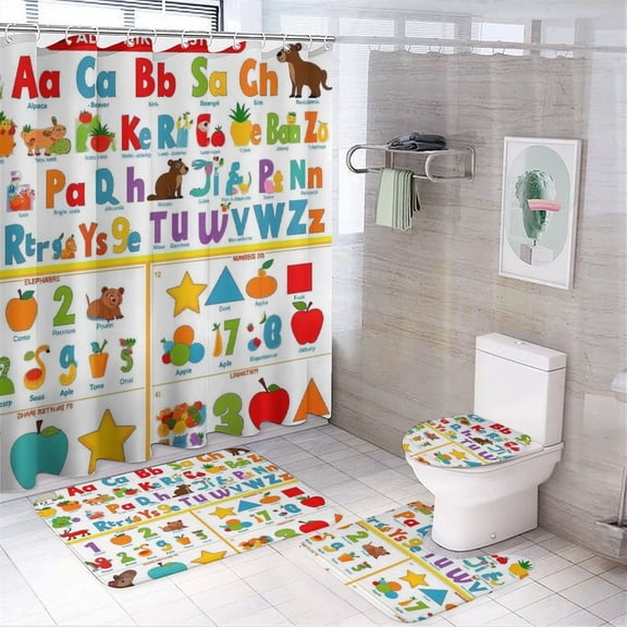 ABC Eduional-2 Shower Curtain Bathroom Sets Toilet Lid Rug, Bath Mat And Contour Mat, Shower Curtain 4Pcs