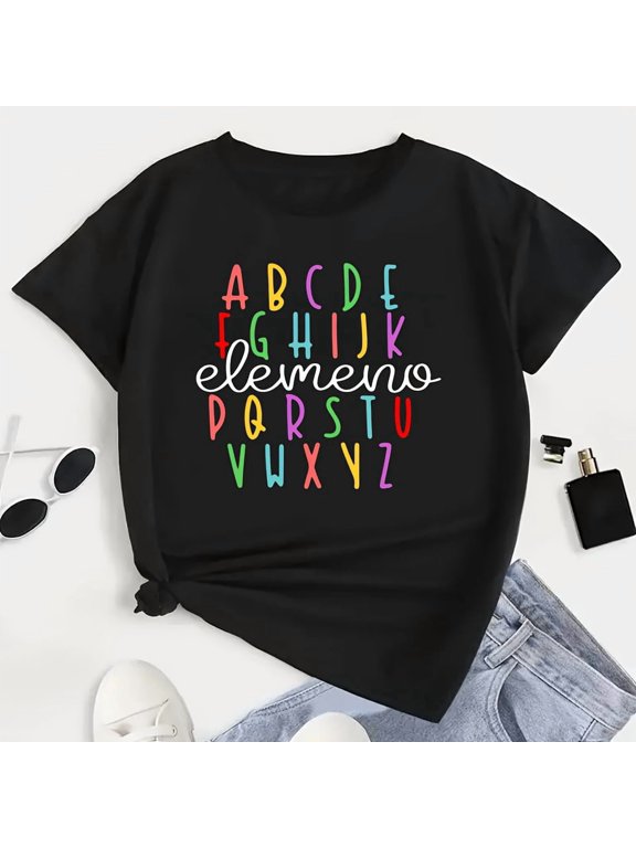 ABC Elemeno Alphabet Teacher Graphic T‑Shirt for Women, Cotton Crew Neck Short Sleeve, Preschool Kindergarten Teacher Casual Tee Top