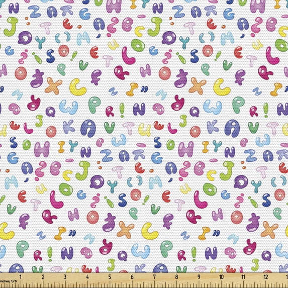 Ambesonne ABC Fabric by the Yard Upholstery, Bubble Letters Doodle Fun, 2 Yards, Multicolor