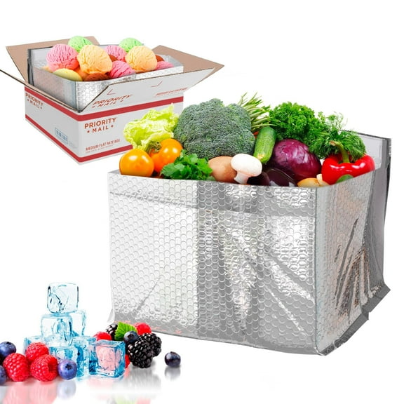 5 Pack Double Layer Foil Insulated Box Liners 12 x 12 x 5.5 inches. Fits USPS Large Flat Rate Box 12" x 12" x 5.5" Silver Shipping Boxes for Frozen Food, Odorless Insulated Containers.