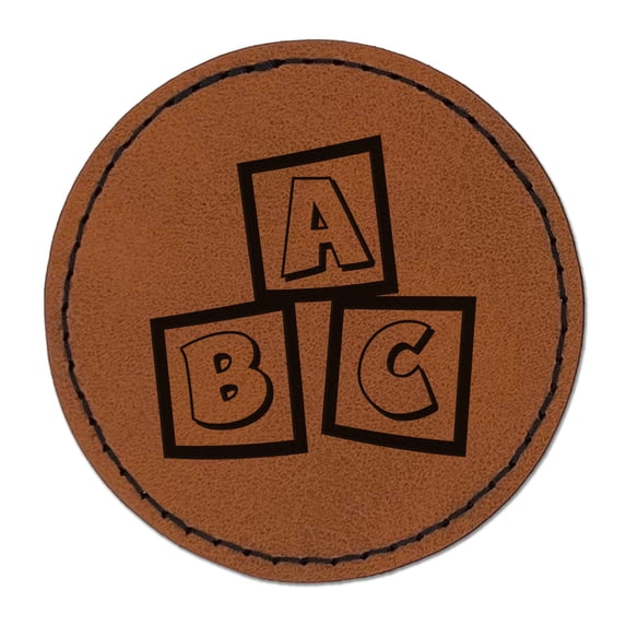 ABC Kids Baby Blocks 2.5" Faux Leather Round Engraved Iron-On Patch - Brown