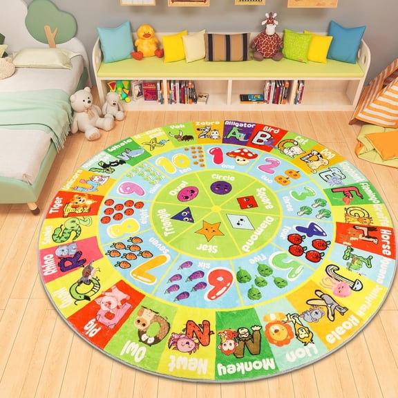 ABC Kids Rug Fluffy Round 5.3'X5.3'Alphabet Playmat Tummy Time Animal Number Shape Early Learning Carpet for Playroom Educational Learning &Game Area Plush Playrug Circle Preschool Kindergarten