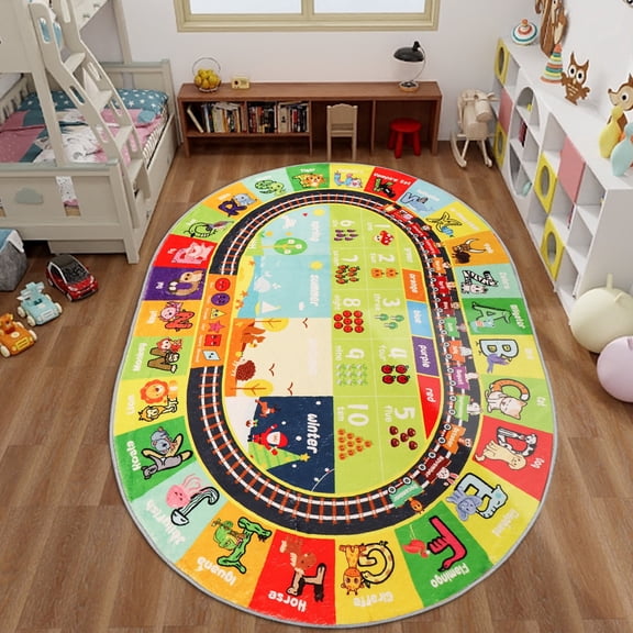 ABC Kids Rug Oval 3.3'×5' Educational Playmat Rug Carpet, Alphabet Animal Number Month Season Faux Wool Early Learning Rug for Playroom Game Area Playmat for Tummy Time