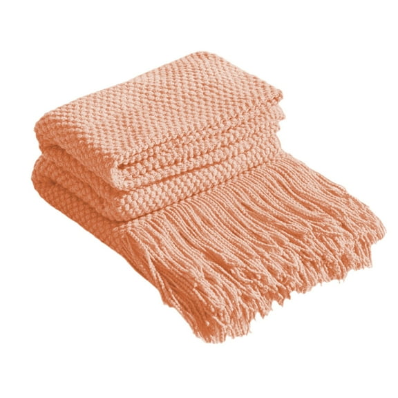 ABC Knitted Fringe Throw Blanket 67.71x50 Inches Soft Acrylic Lightweight Blanket for Sofa Couch Office Nap (Pink)