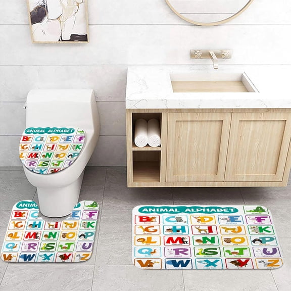 ABC Learning Alphabet Bathroom Rugs Sets 3 Piece, Animal Kids Educational Bathroom Mat Set, Funny Teaching Words Contour Mat and Toilet Lid Cover Nonslip Washroom Decor Durable Polyester Shower