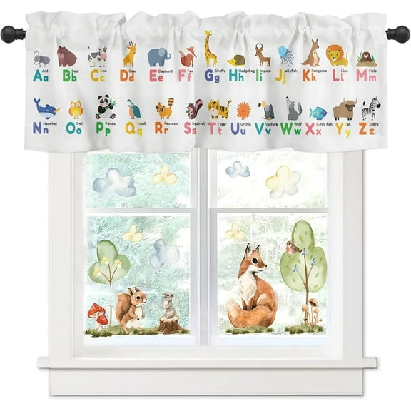 ABC Learning Alphabet Windows Valances Curtain A to Z Animal Educational Tool for Kids Valances Rod Pocket Window Treatment Short Topper Curtains for Kitchen Bathroom Living Room,54 by 18 inches