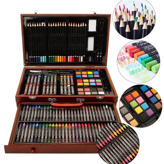 Xueyu Creative Wooden Art Supplies Set for Hobbyists, 140-Piece Mixed Media Kit with Watercolors, Color Pencils for Drawing and Painting with Stretchable Drawer