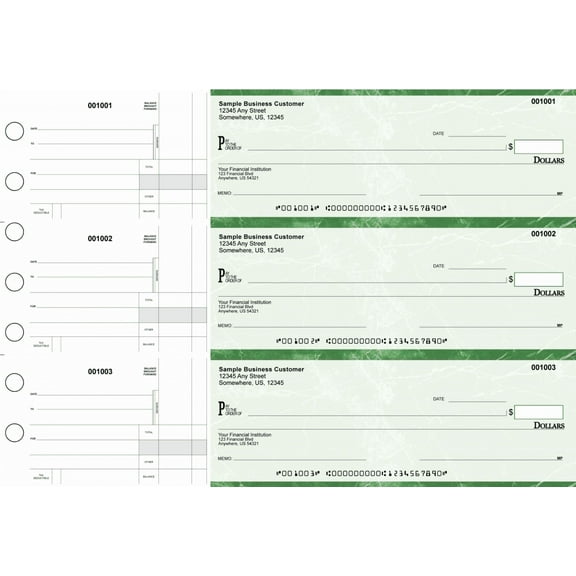 ABC manual checks for business – 3 on a page with stub voucher, green, 500 checks (167 sheets)