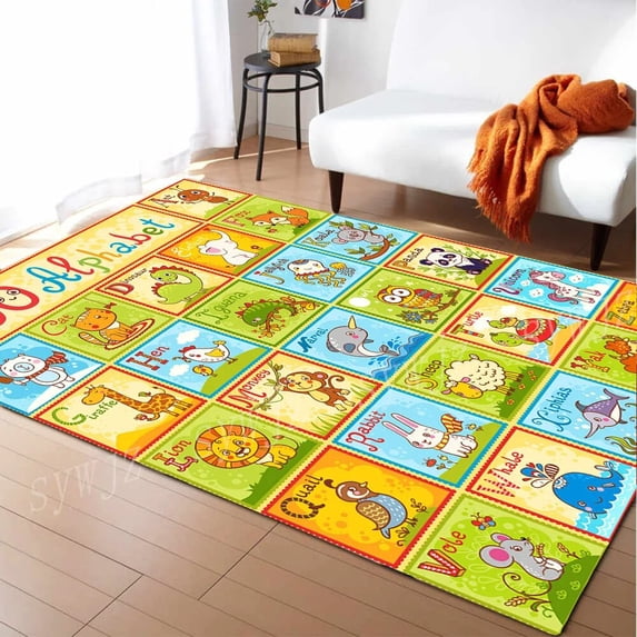 ABC Numbers Animals Educational Area Rug for Children Bedroom Playroom Non-Slip Design Carpet for Living Room Play Rug