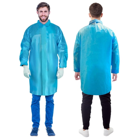 Disposable Lab Coats Polyethylene Coated Polypropylene Blue 50 count x-large with Elastic Wrists