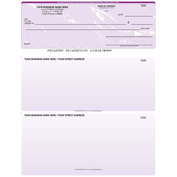 ABC Printed Business Checks Compatible w/Quick Books on Top, Purple Marble - 100 Sheets