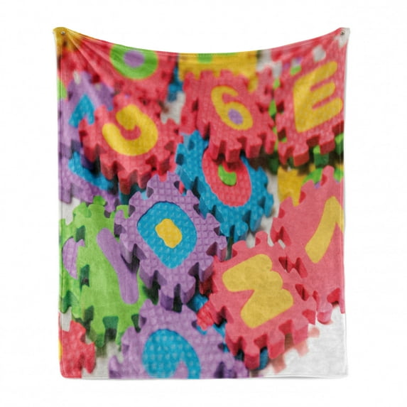 ABC Puzzle Soft Flannel Fleece Throw Blanket, Close Shot of Scattered Foam Educational Tools, Cozy Plush for Indoor and Outdoor Use, 60" x 80", Multicolor, by Ambesonne