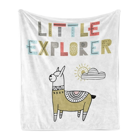 ABC Soft Flannel Fleece Blanket, Hand Drawn Colorful Llama on Sunny Day with Little Explorer Words in Colorful Letters, Cozy Plush for Indoor and Outdoor Use, 50" x 60", Multicolor, by Ambesonne