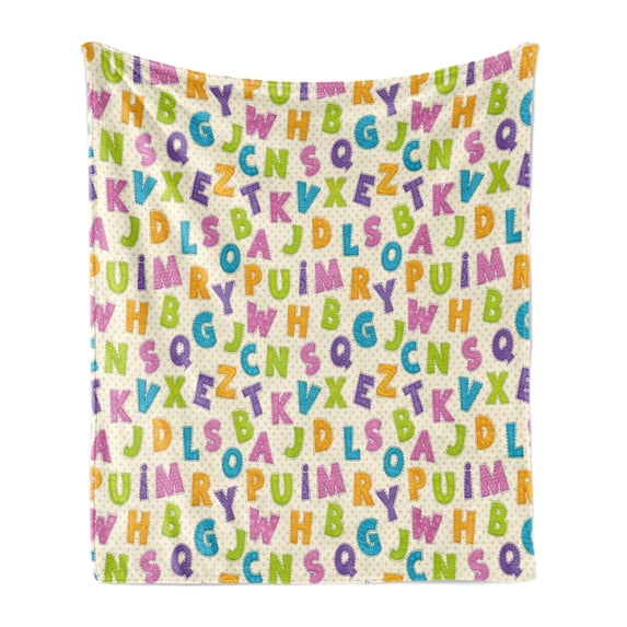 ABC Soft Flannel Fleece Throw Blanket, Funny Letters in Lively Colors Cartoon Style ABC Alphabet on Polka Dots Backdrop, Cozy Plush for Indoor and Outdoor Use, 50" x 70", Multicolor, by Ambesonne