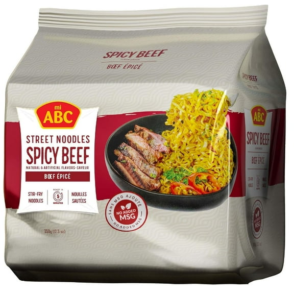 ABC Spicy Beef Stir Fry Street Noodles (Pack of 4) Hot and Spicy Beef Flavored Instant Ramen Noodles - No MSG, Halal