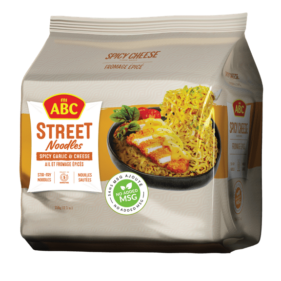 ABC Spicy Garlic & Cheese Stir Fry Street Noodles (Pack of 4) Creamy, Cheesy, Spicy Flavored Instant Ramen Noodles - No MSG, Halal