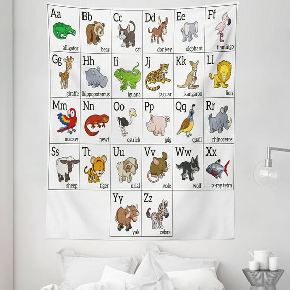 ABC Tapestry, Alphabet Learning Chart Cartoon Animals Names Letters Upper and Lowercase Print, Fabric Wall Hanging Decor for Bedroom Living Room Dorm, 5 Sizes, Multicolor, by Ambesonne