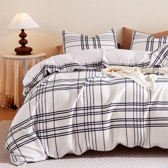 Sonive Waffle Duvet Cover Set Blue Grid, 3 Pieces Modern Pattern Waffle Weave with Pillow Sham, Queen