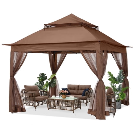 ABCCANOPY 11'x11' Gazebo Tent Outdoor Pop up Gazebo Canopy Shelter with Mosquito Netting, Brown,