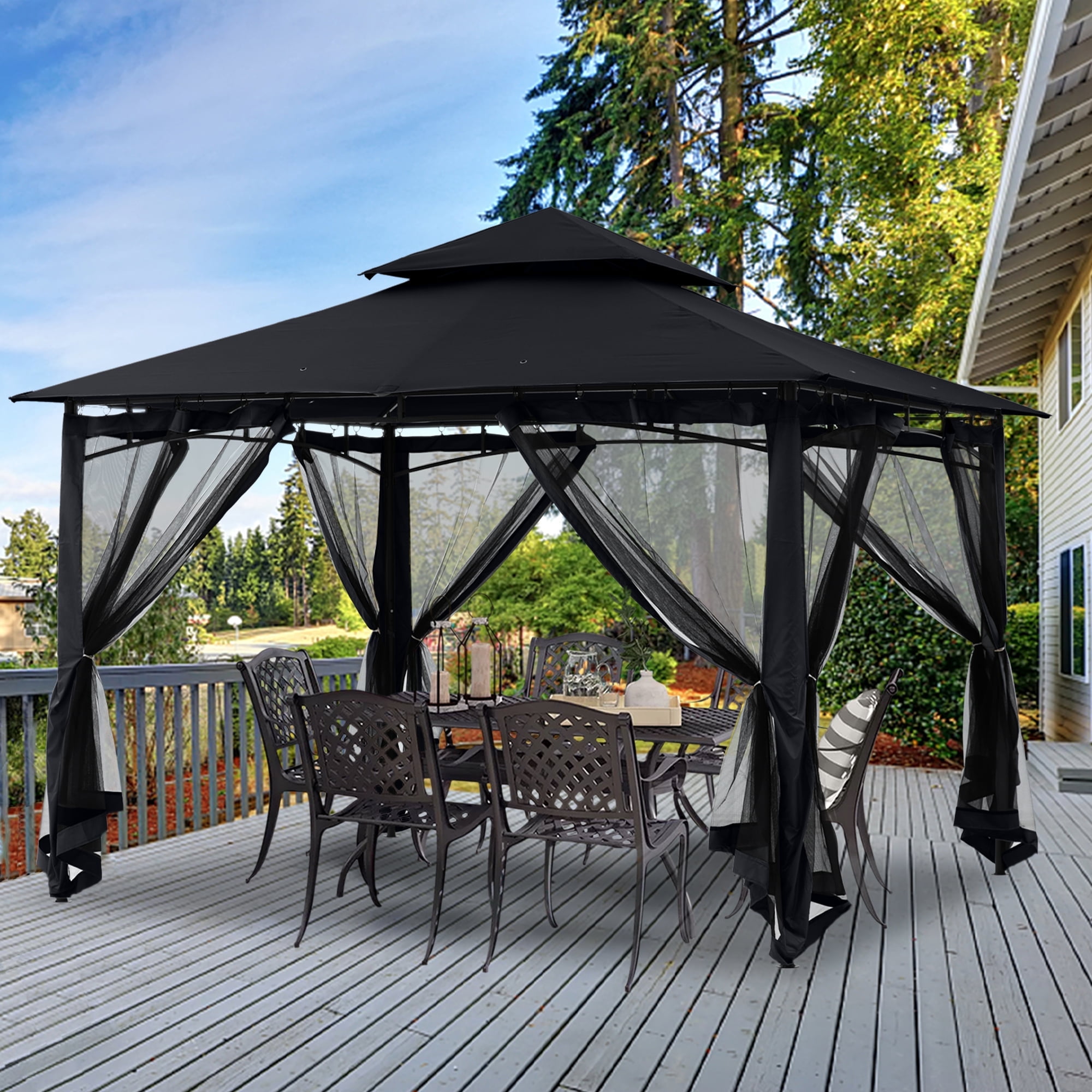 ABCCANOPY 11'x11' Patio Gazebo With Mosquito Netting and Double Soft Roof Canopies for Shade and Rain,Black