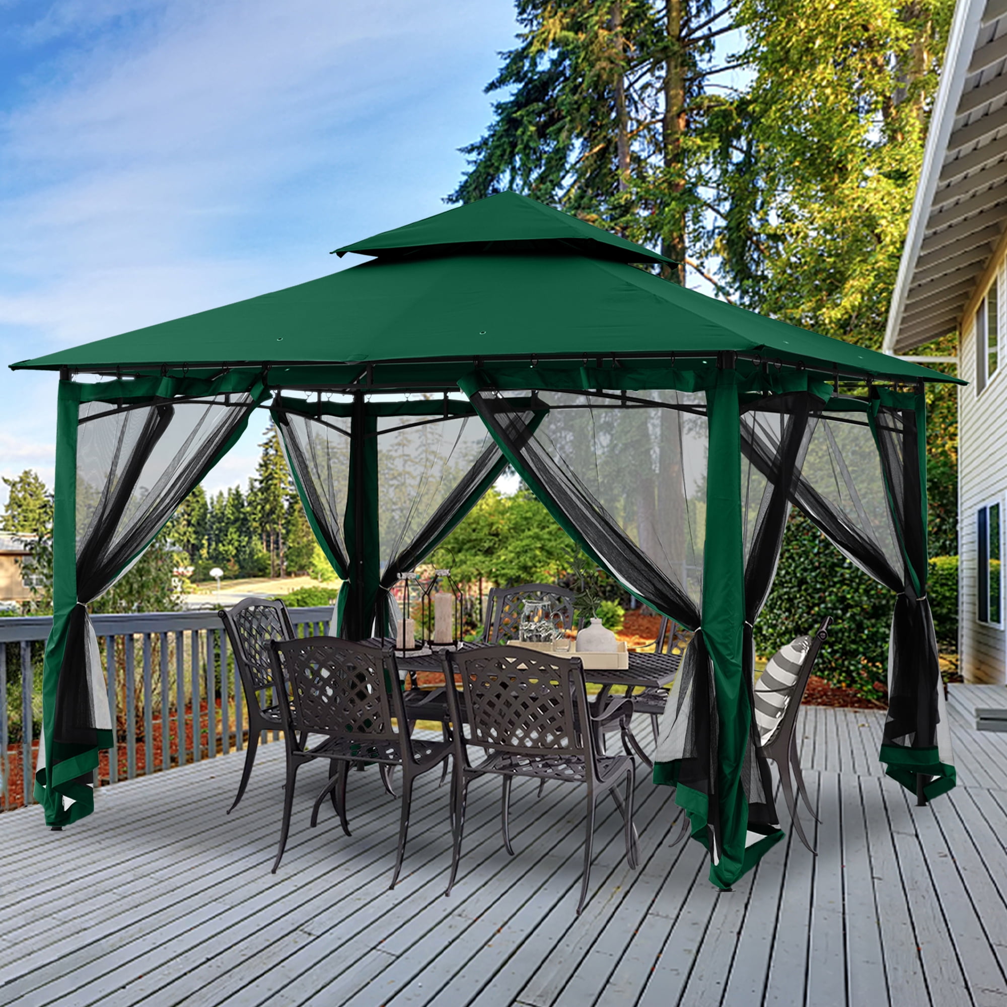 ABCCANOPY 11'x11' Patio Gazebo With Mosquito Netting and Double Soft Roof Canopies for Shade and Rain,Forest Green
