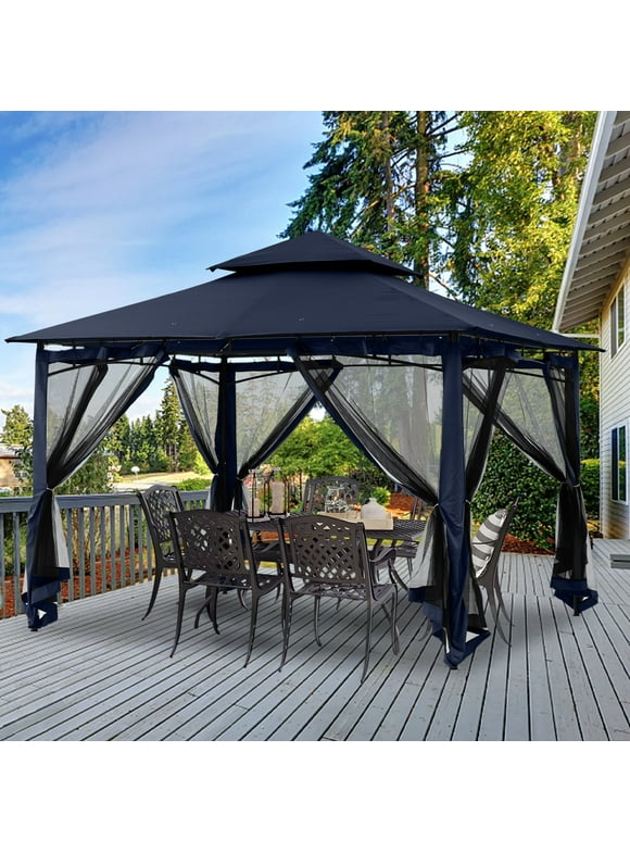 ABCCANOPY 11'x11' Patio Gazebo With Mosquito Netting and Double Soft Roof Canopies for Shade and Rain,Navy Blue