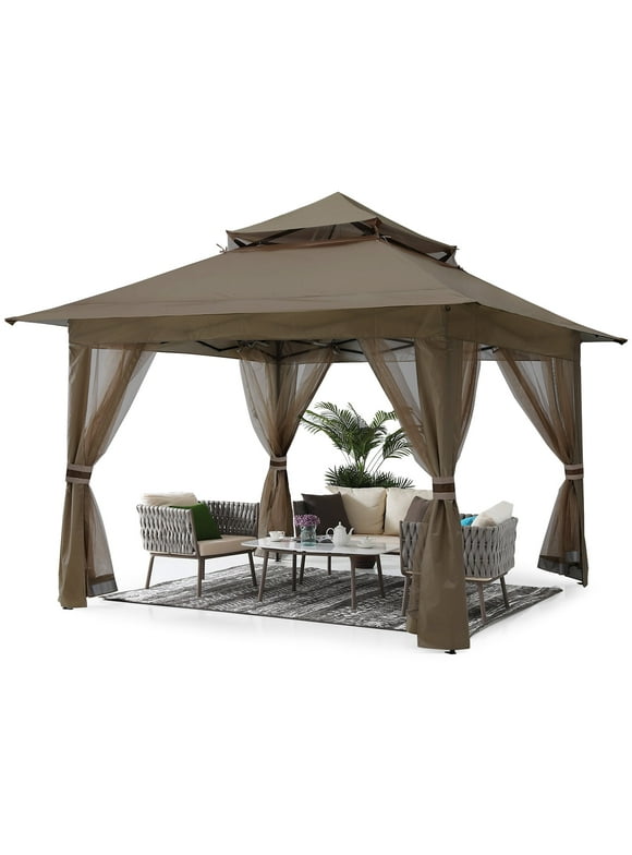 ABCCANOPY 13'x13' Gazebo Tent Outdoor Pop up Gazebo Canopy Shelter with Mosquito Netting, Brown