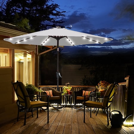 ABCCANOPY 7.5ft Patio Solar Umbrella LED Outdoor Umbrella with Tilt and Crank, Light Gray