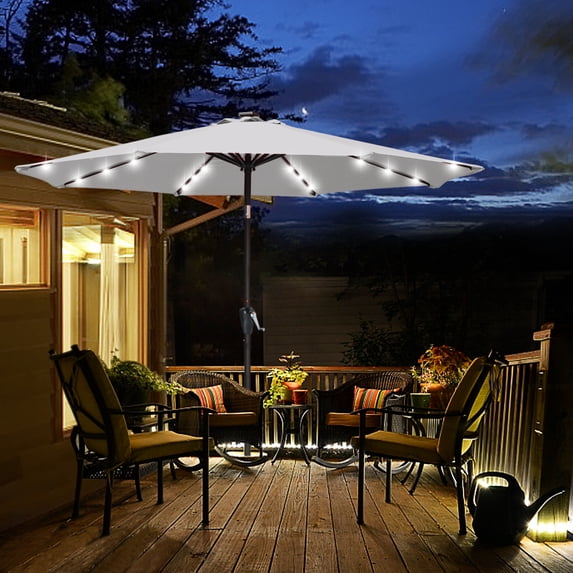 ABCCANOPY 7.5ft Patio Solar Umbrella LED Outdoor Umbrella with Tilt and Crank, Light Gray