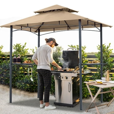 ABCCANOPY 8'x 5' Grill Gazebo Shelter, Double Tier Outdoor BBQ Gazebo Canopy with LED Light(Khaki)