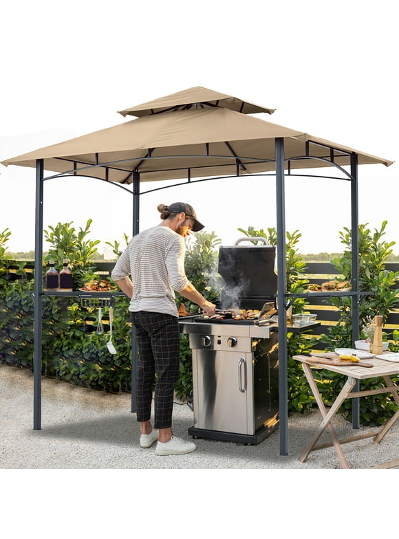 ABCCANOPY 8'x 5' Grill Gazebo Shelter, Double Tier Outdoor BBQ Gazebo Canopy with LED Light(Khaki)