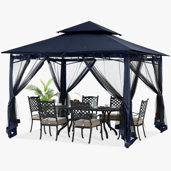 ABCCANOPY 9'x9' Patio Gazebo With Mosquito Netting and Double Soft Roof Canopies for Shade and Rain,Navy Blue
