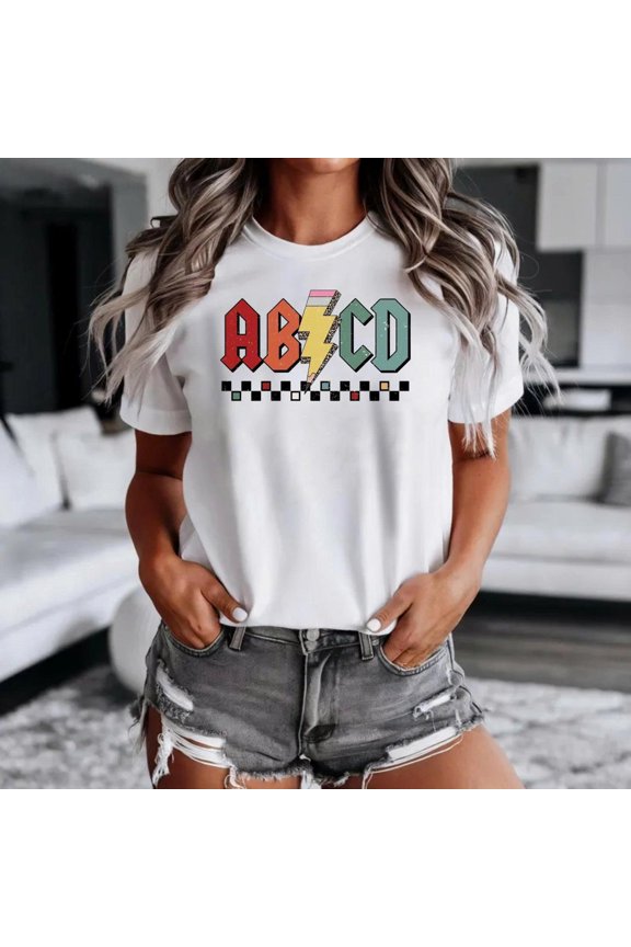 ABCD Teacher Shirt for Women | Casual Graphic Tee | Back to School Teacher Life Top (White, S Size)