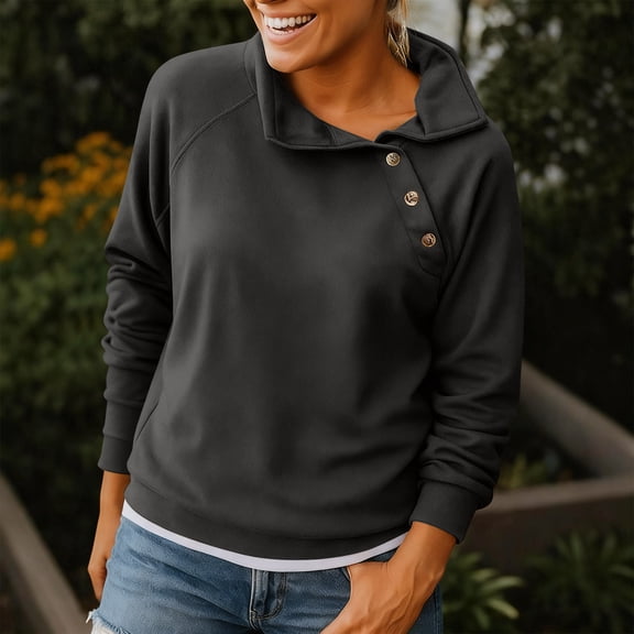 ABCDE Oversized Sweatshirt for Women Asymmetrical Collared Henley Button Pullover Tops Casual Loose Lightweight Long Sleeve Shirts Gift