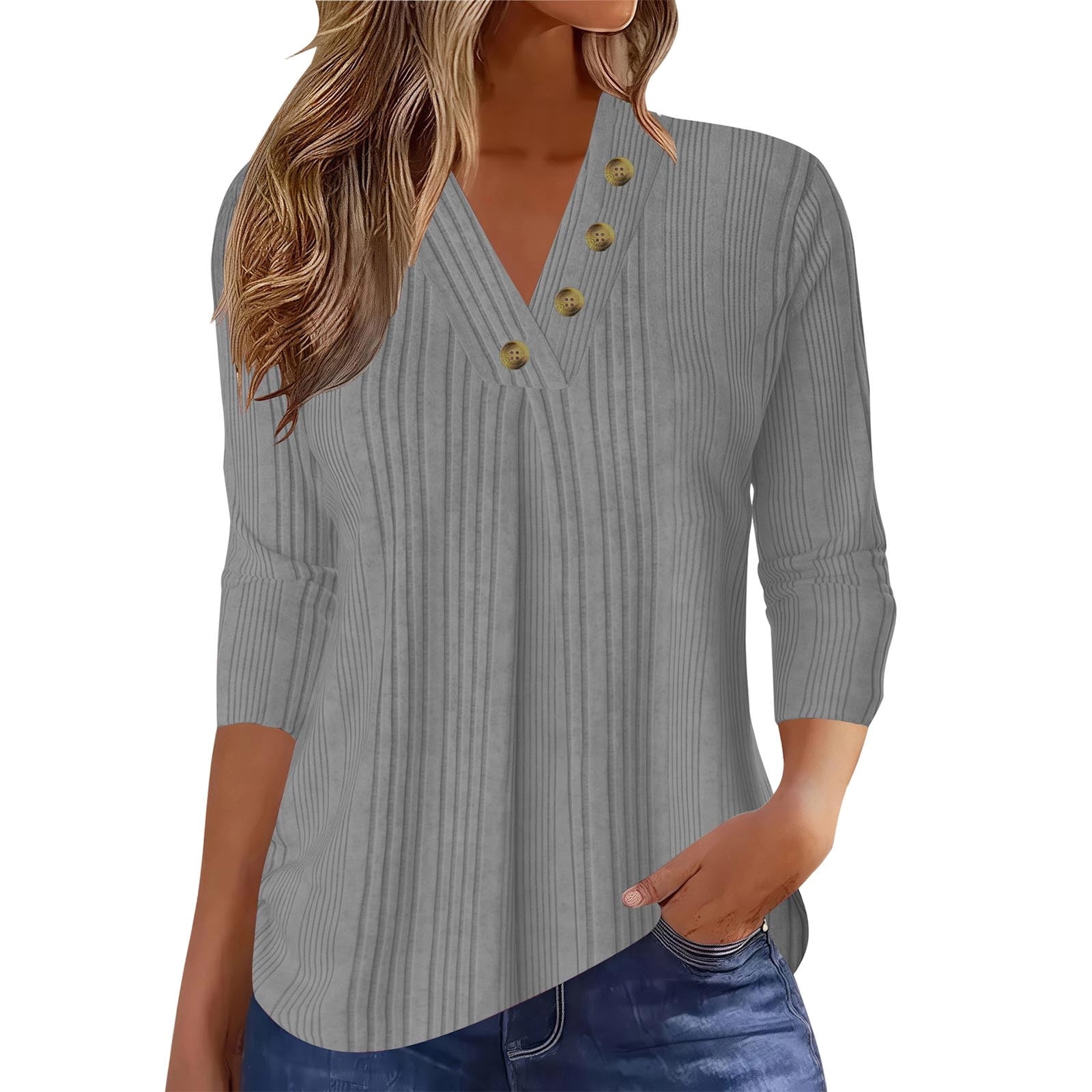ABCDE Ribbed Knit Long Sleeve Shirts for Women V Neck with Buttons Tops ...