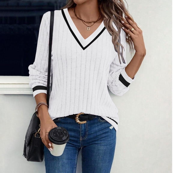 ABCDE Sweaters for Women V Neck Color Block Long Sleeve Knit Shirts Casual Lightweight Sweater Fashion Elegant Tops Gift
