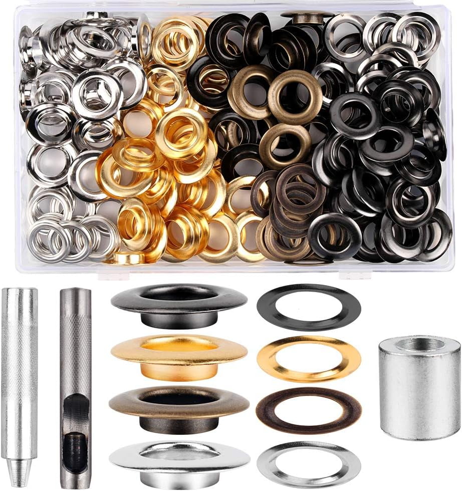 ABCISI 1/2inch Grommet Kit, 100 Sets Grommets Eyelets with 3 Pieces Install Tool Kit, 4 Colors Grommets Kit with Storage Box for Craft Making, Repair and Decoration