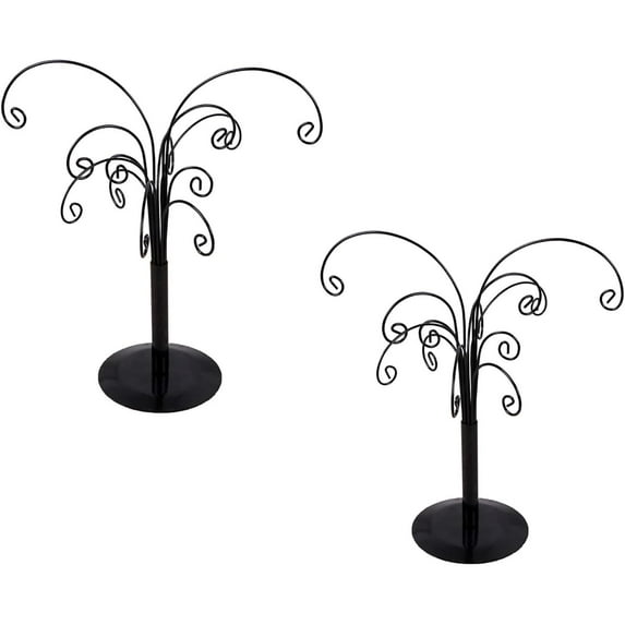 ABCISI 10.6 inch Rotating Tree Display Stand, Decorative Black Metal Tabletop Display Stand Features Multiple Hooks, Display Rack for Ornaments Glass Globes Balls and Small Craft Items (2PCS)