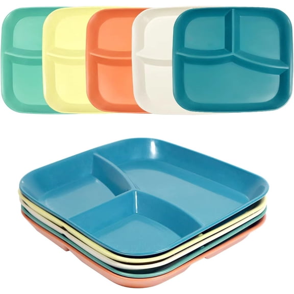 ABCISI 10 Inch Wheat Portion Control Dinner Plates, 5 Unbreakable Microwaveable Separate Plates, 3 Compartment Square Food Divider Plates for Kids Adults, Great For Healthy Eating And Weight Loss